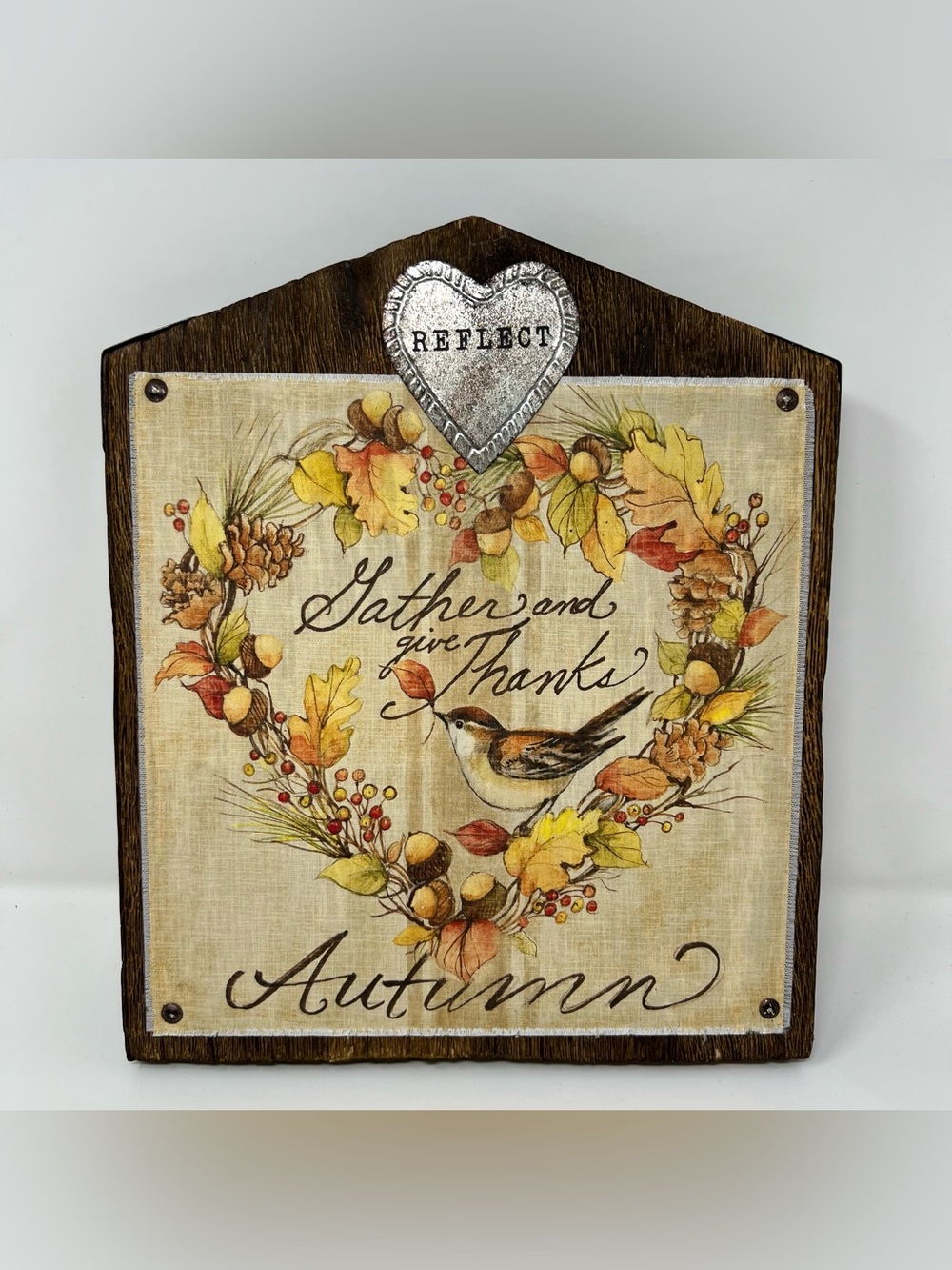 Susan Winget Rustic Autumn Bird Wreath Wood Wall Hang Cottage Reflect Grandma